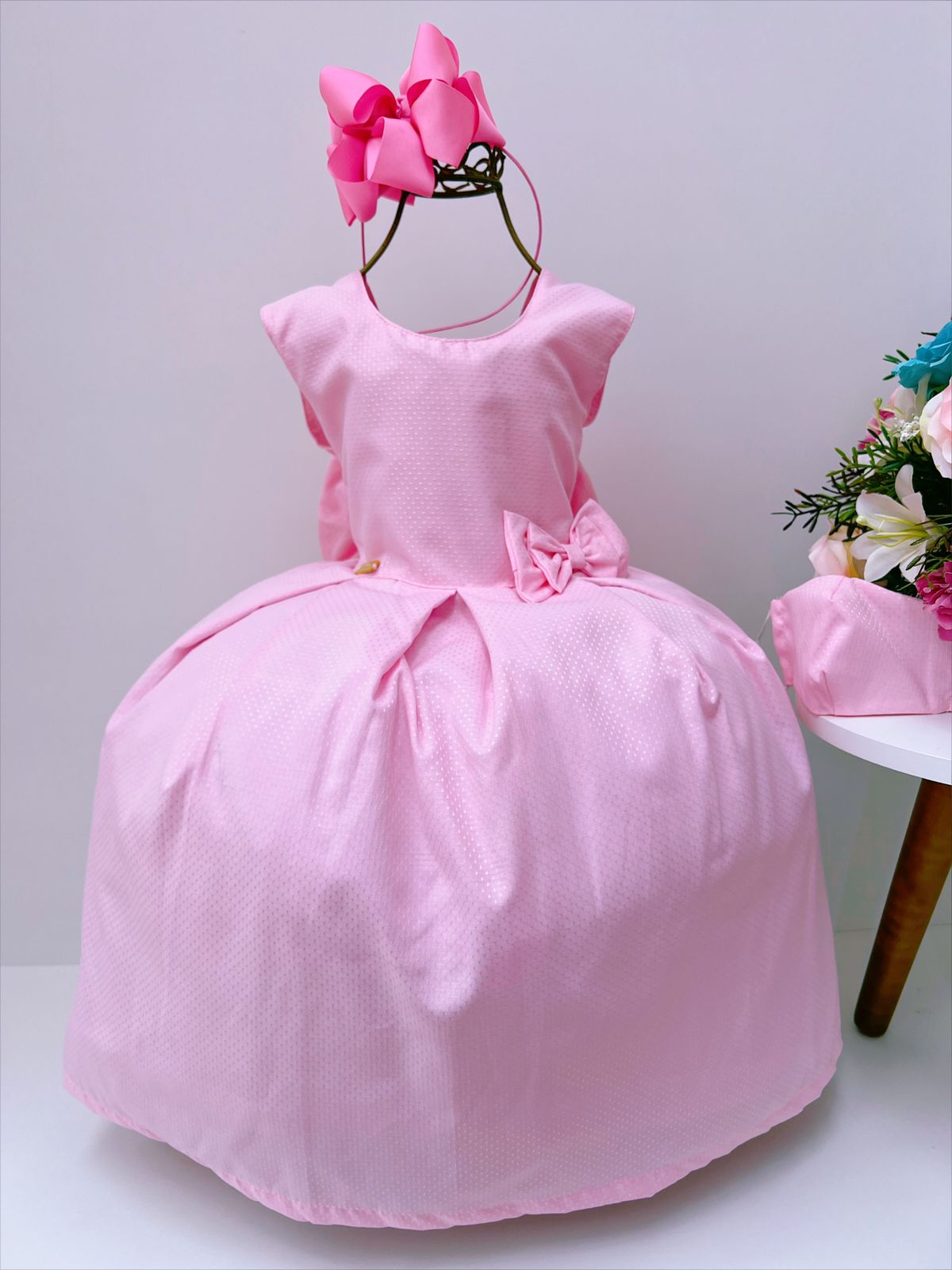 Vestido Infantil Rosa Luxo C/Máscara Sem Mangas