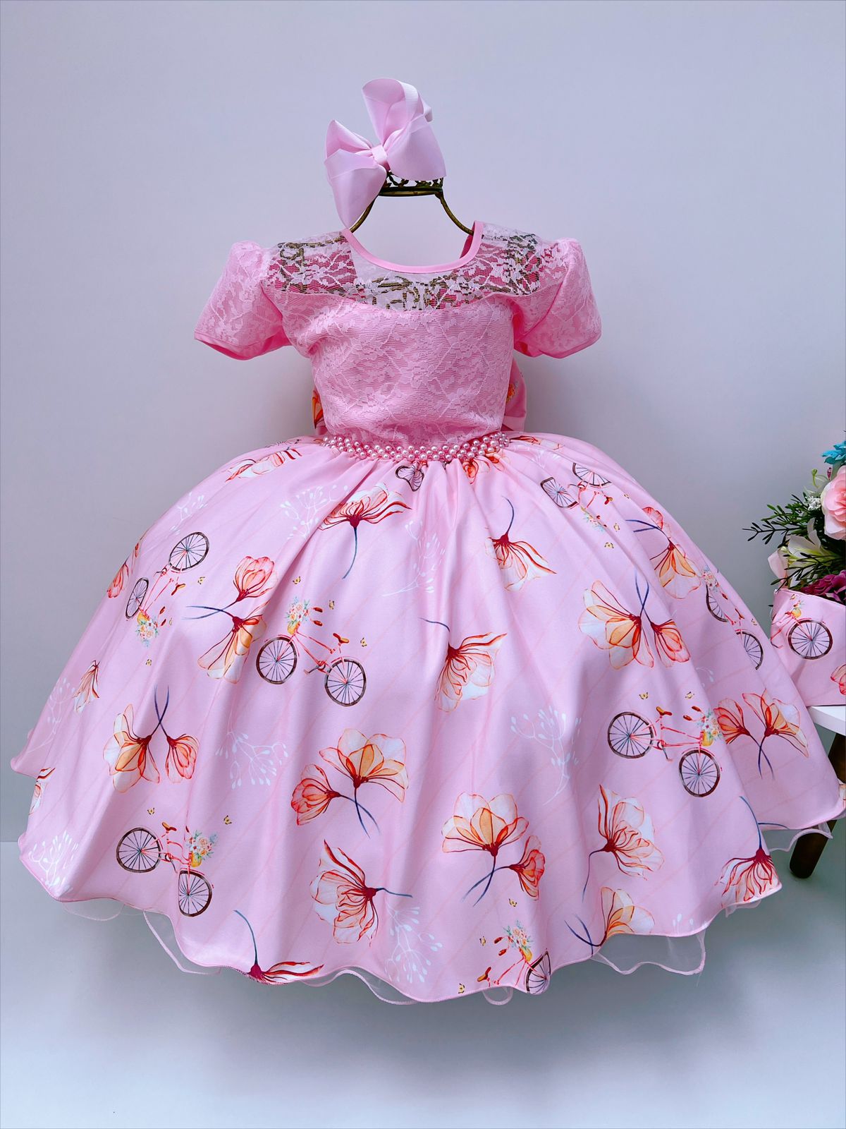Vestido Infantil Rosa Paris Flores e Bicicleta