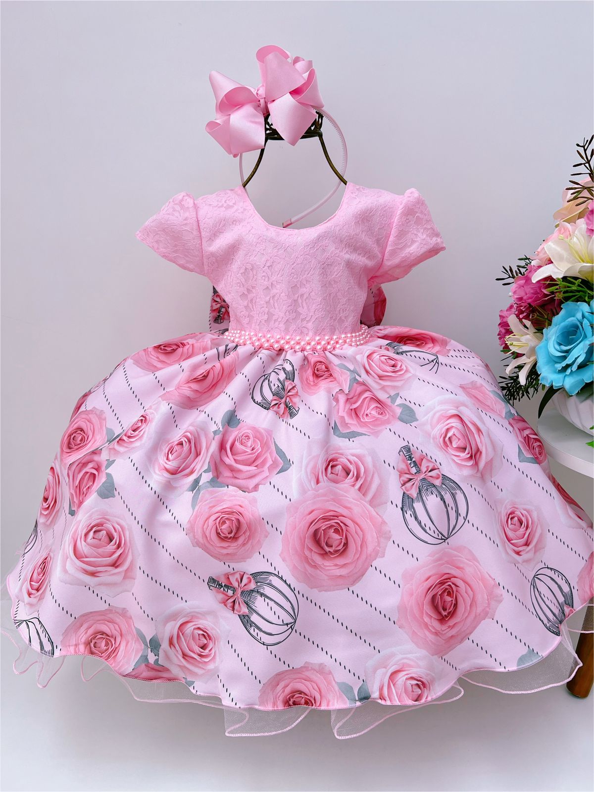 Vestido Infantil Rosa Renda Florido Cinto Pérolas Festas 