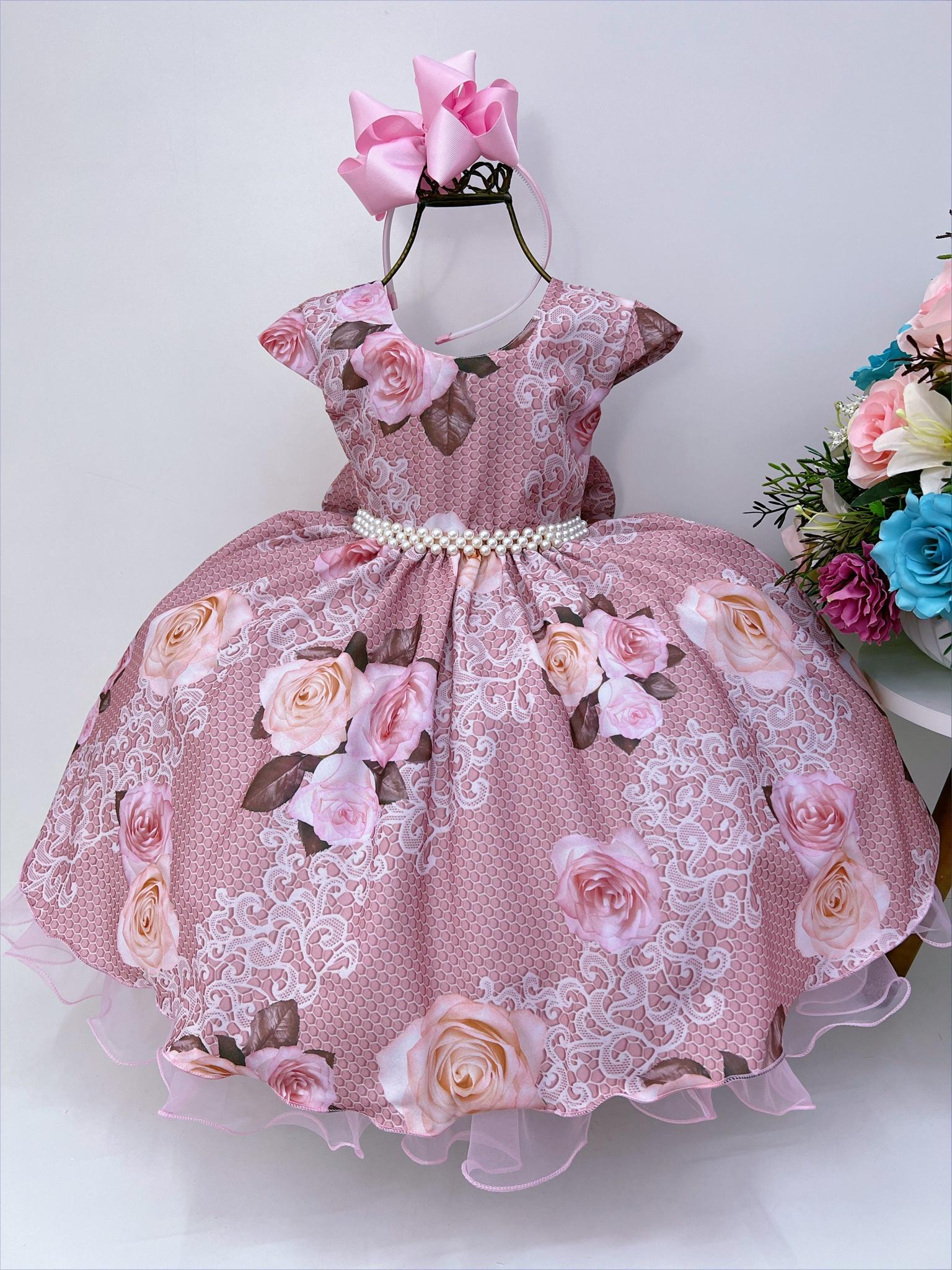 Vestido Infantil Rosé Damas Festas Luxo Pérolas