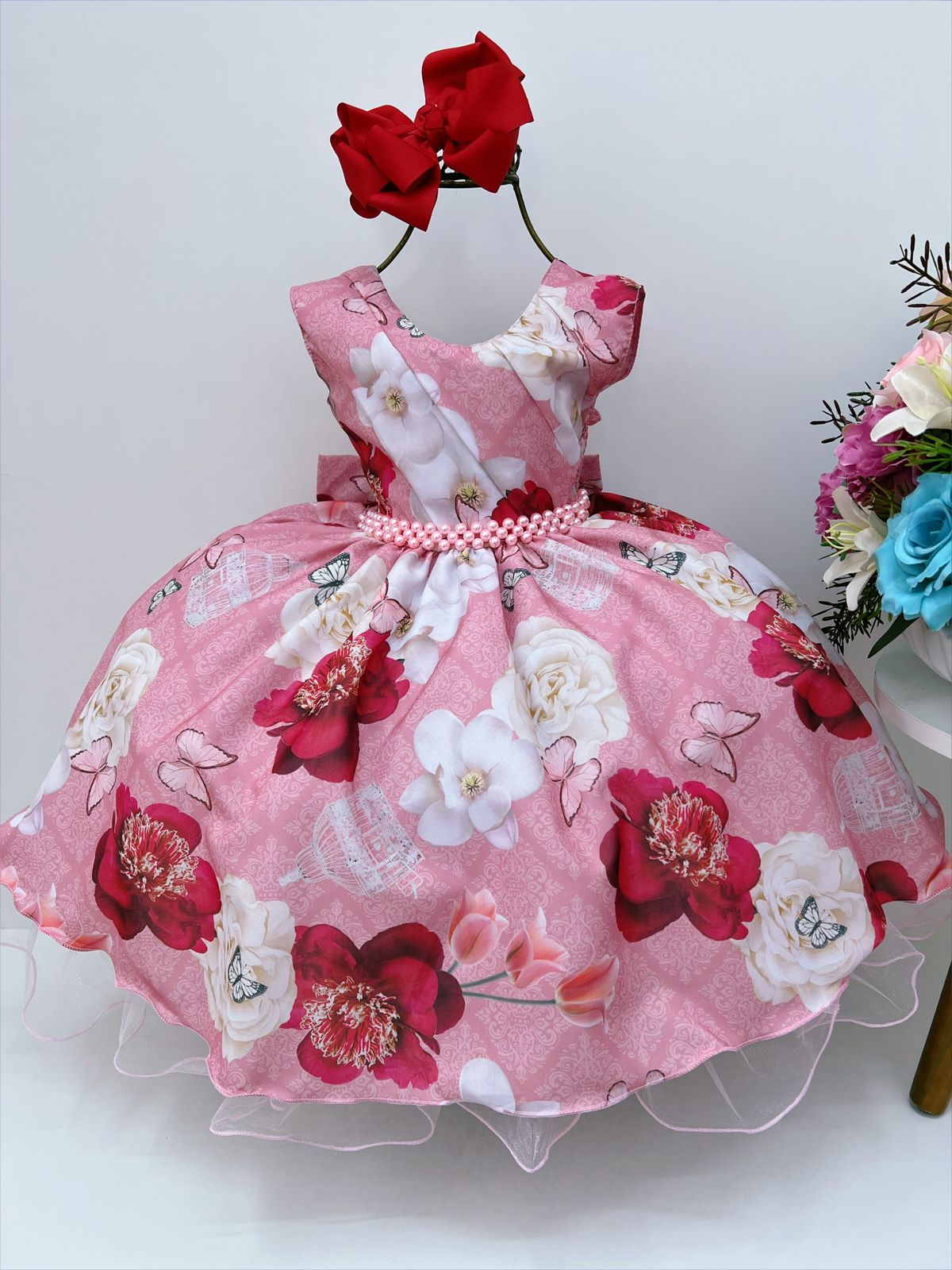 Vestido Infantil Rose Jardim das Borboletas e Pérolas Luxo