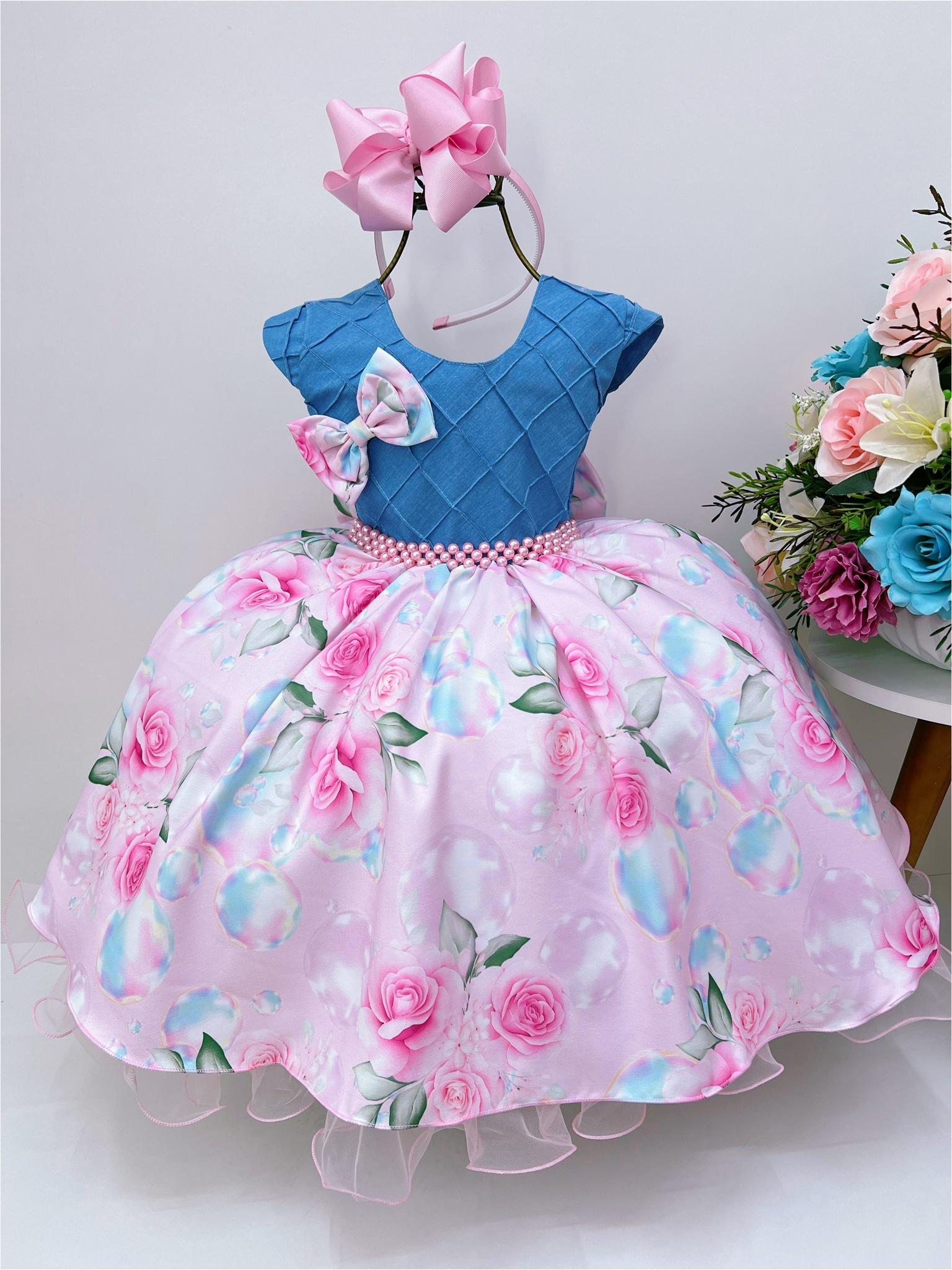 Vestido Infantil Saia Floral e Peito Cor Jeans Sem Máscara