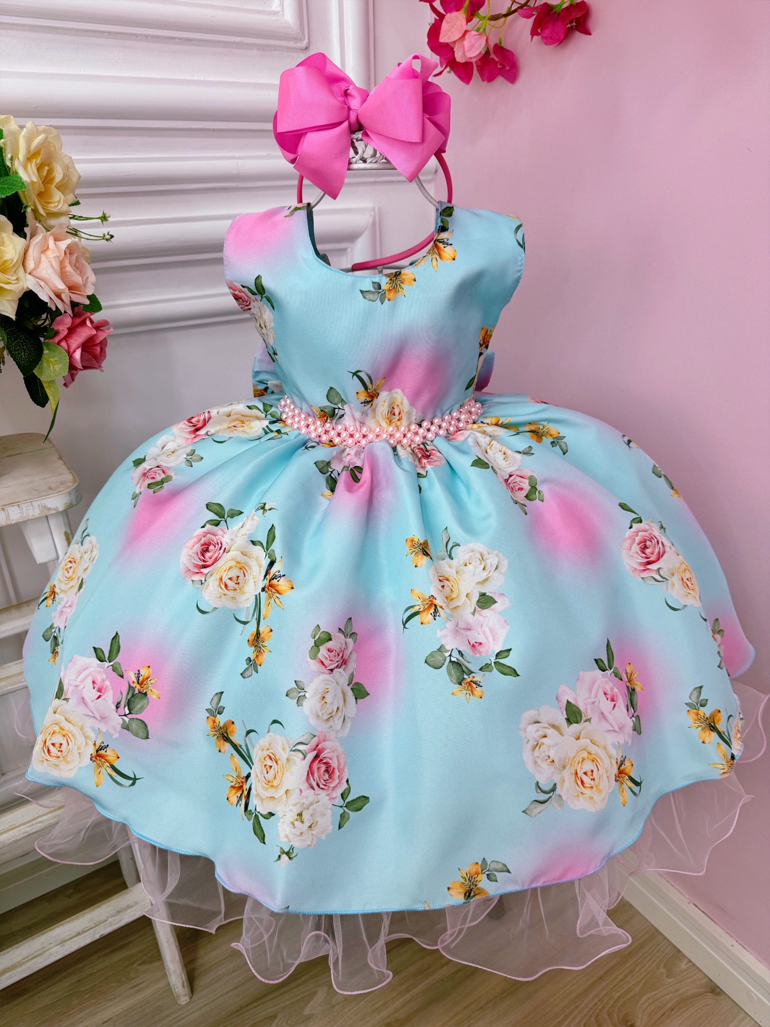 Vestido Infantil Verde Jardim das Flores Festas Luxo