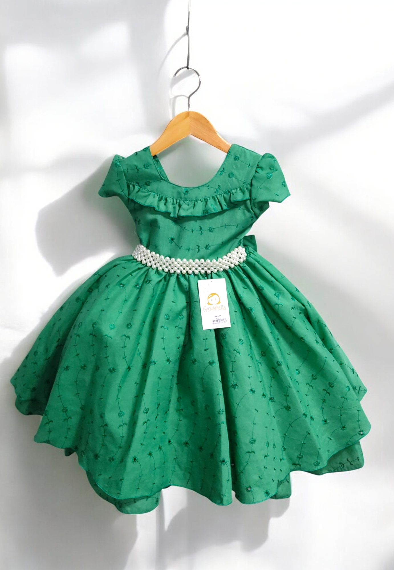 Vestido Infantil Verde Laise C/ Babados e Cinto de Pérolas