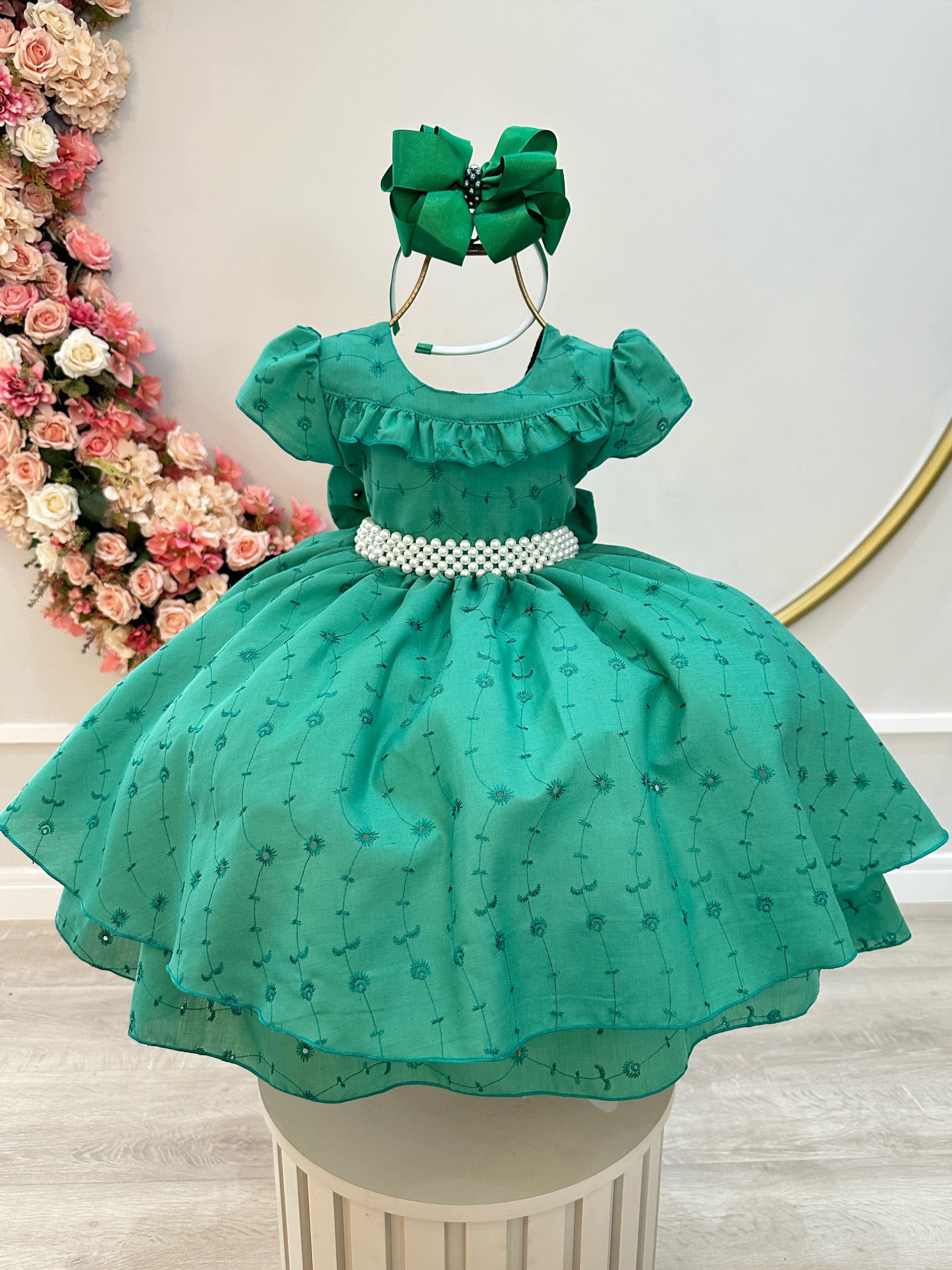 Vestido Infantil Verde Laise C/ Babados e Cinto de Pérolas