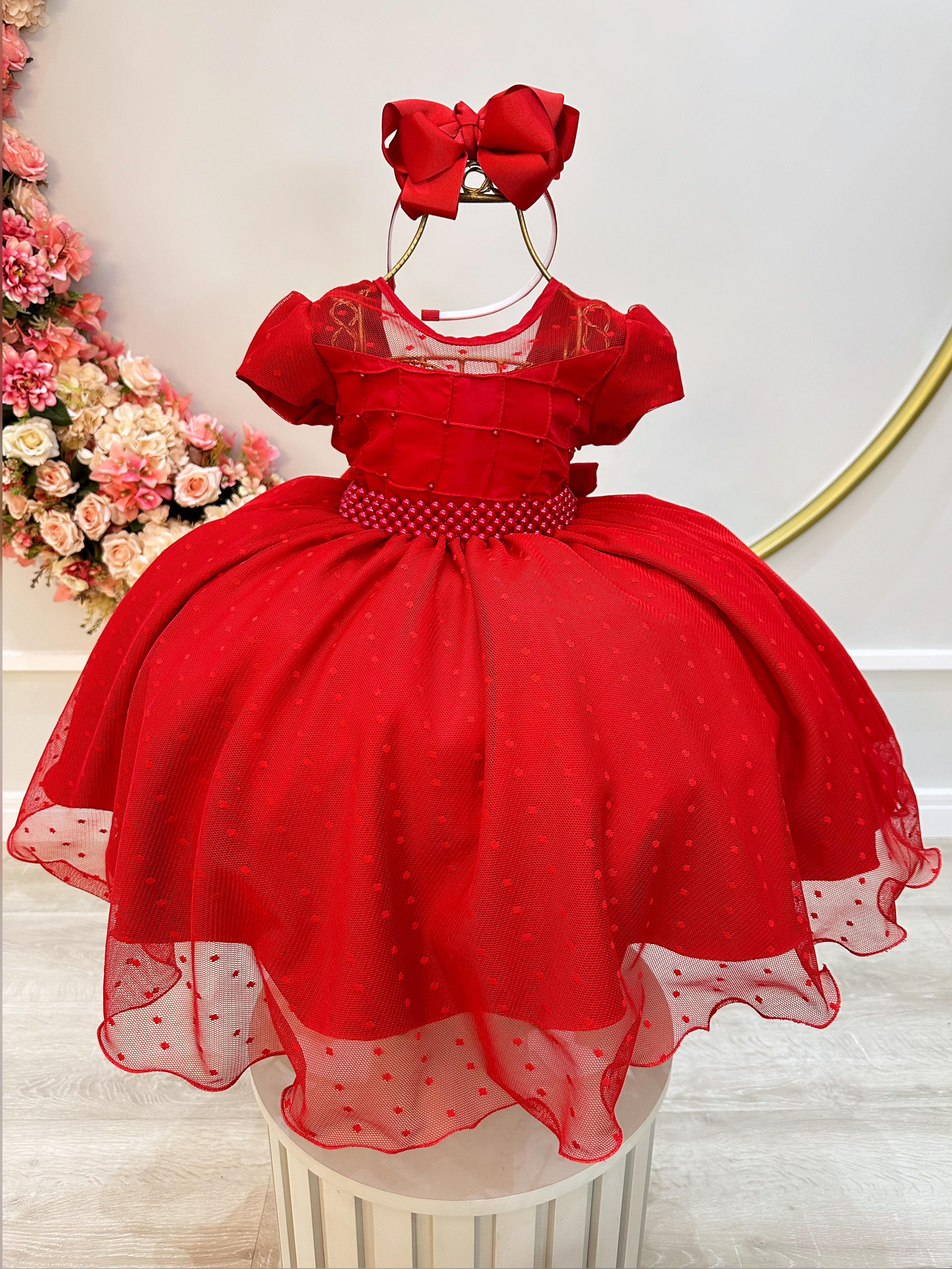 Vestido Infantil Vermelho Busto Nervura e Tule Pipoquinha