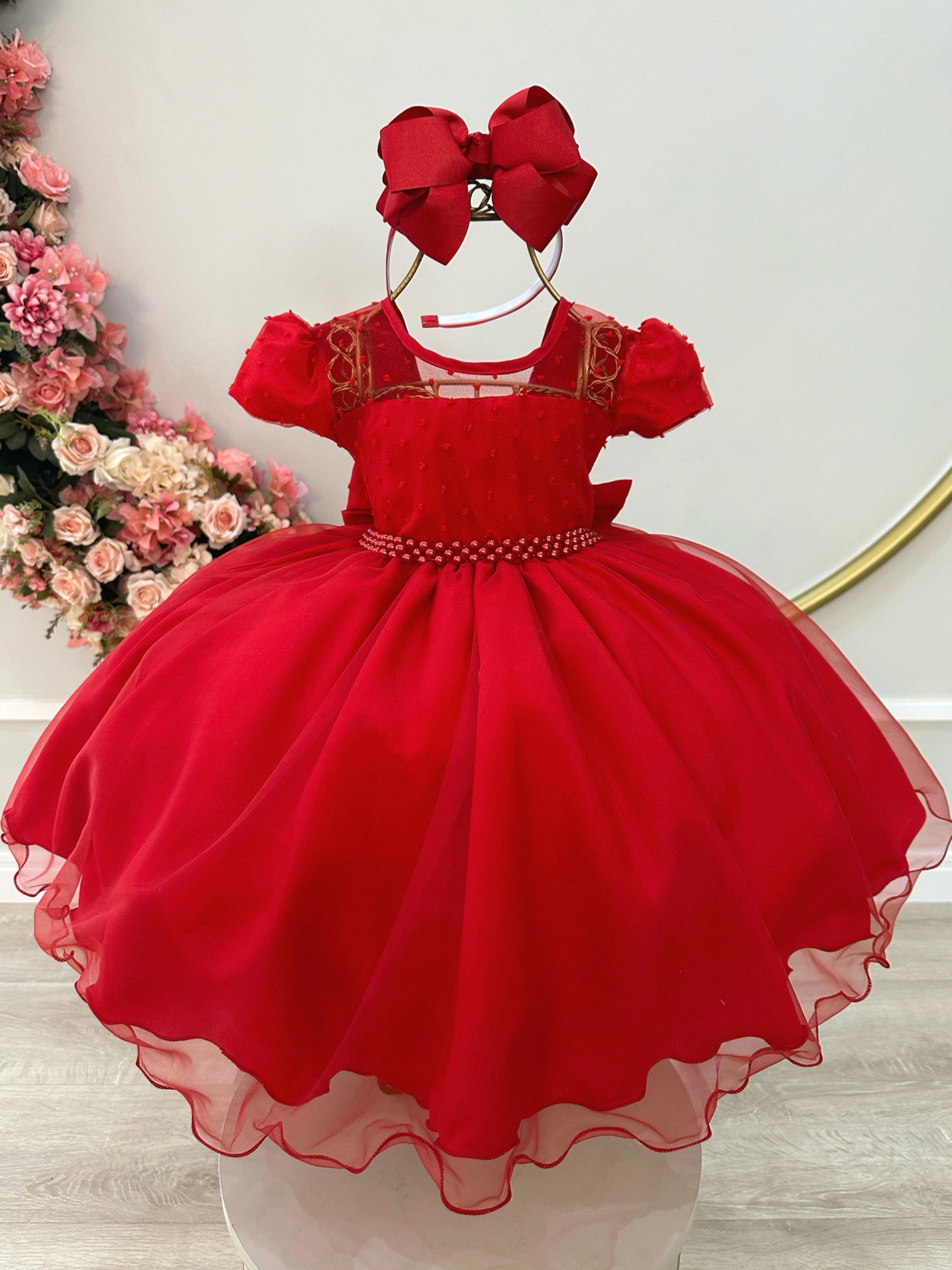 Vestido Infantil Vermelho C/ Tule Pipoquinha Daminhas Festas