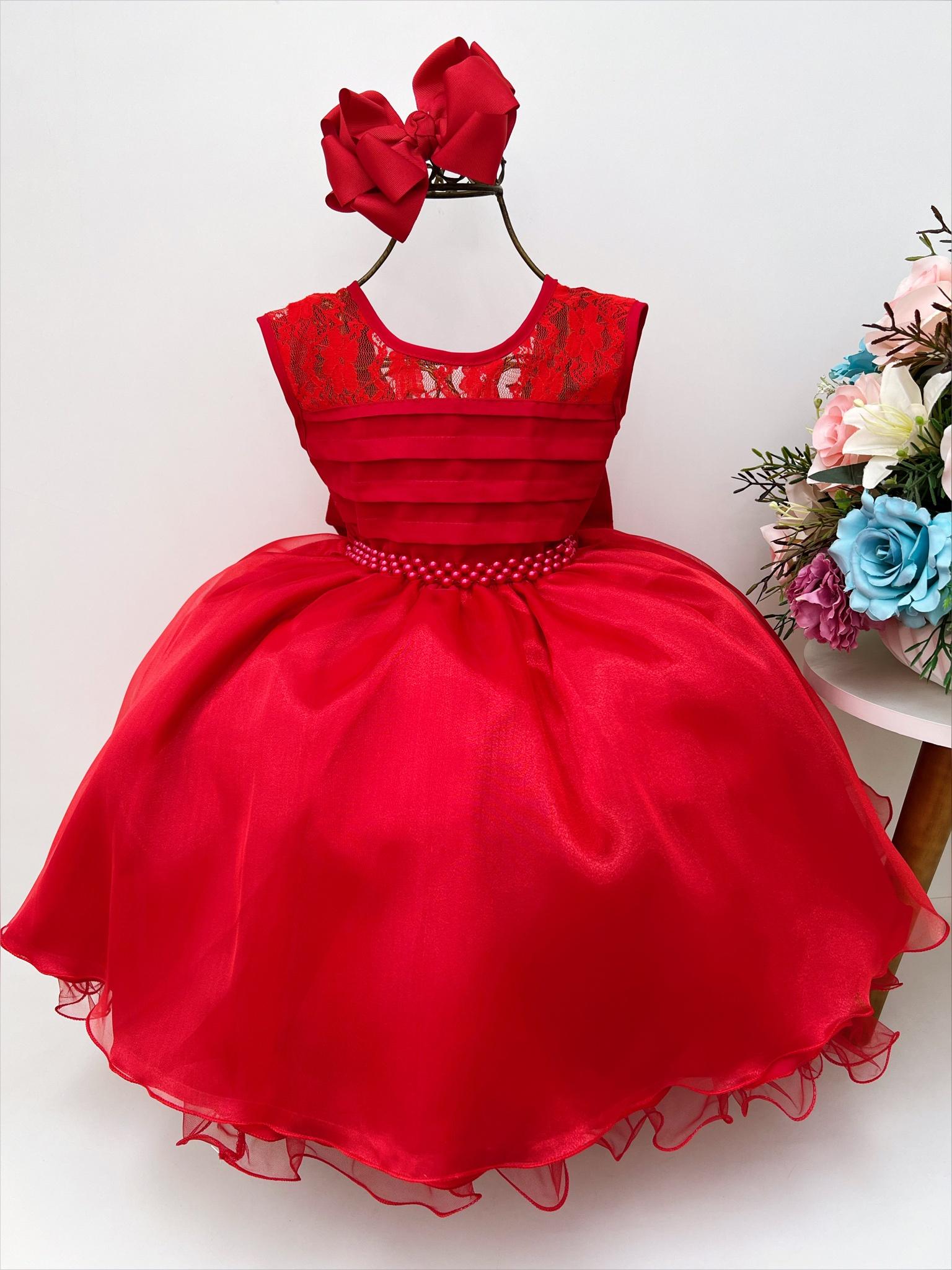 Vestido Infantil Vermelho Com Renda Cinto Pérolas