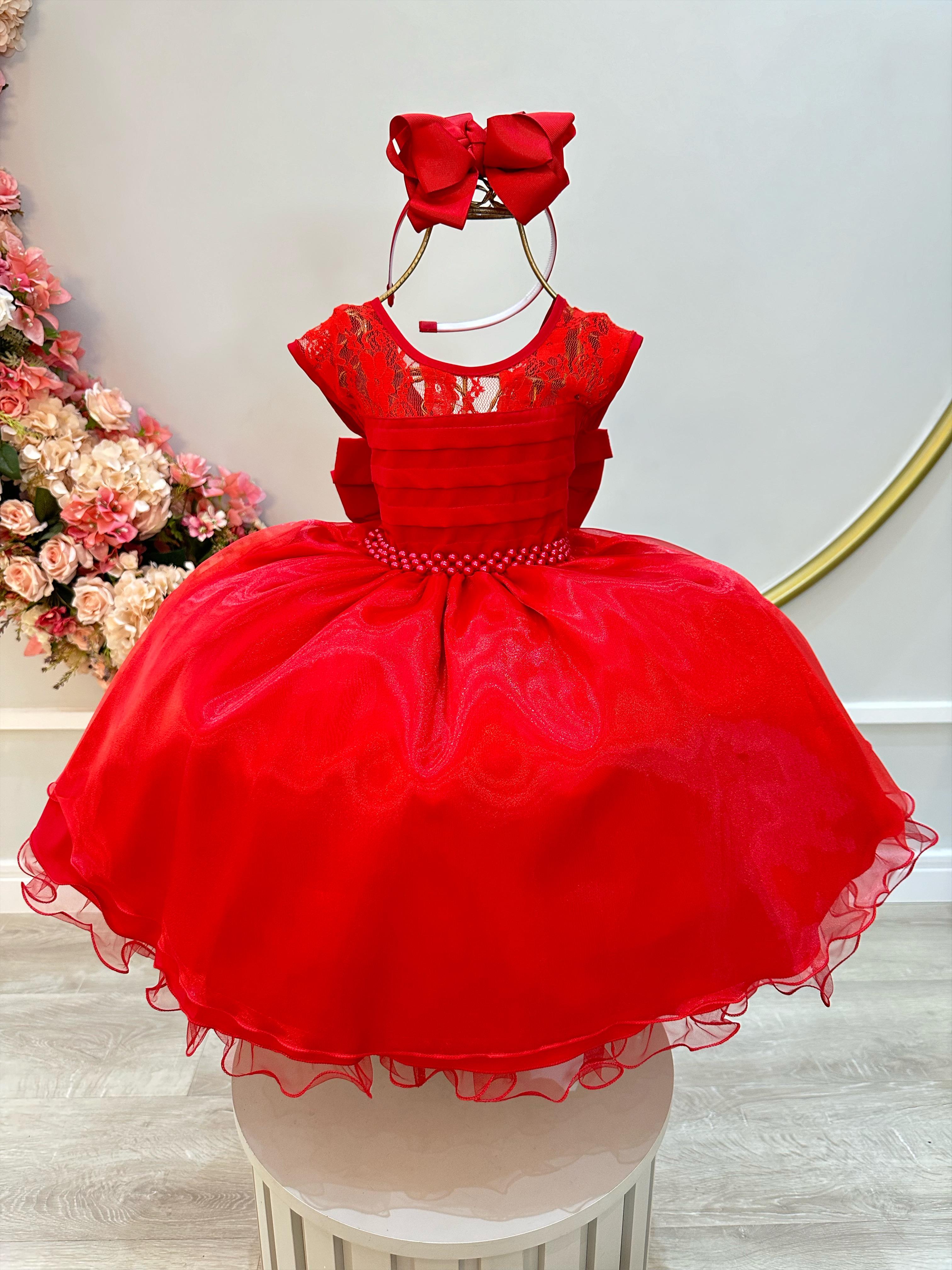 Vestido Infantil Vermelho Com Renda Cinto Pérolas