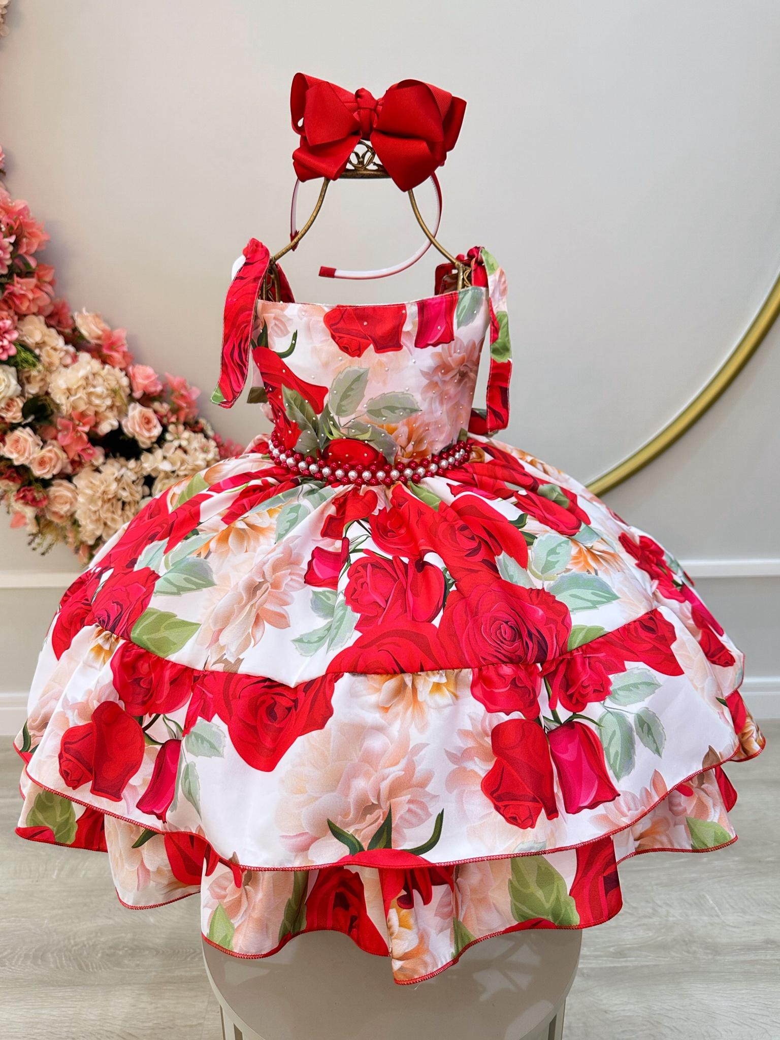 Vestido Infantil Vermelho Florido Luxo C/ Cinto de Pérolas