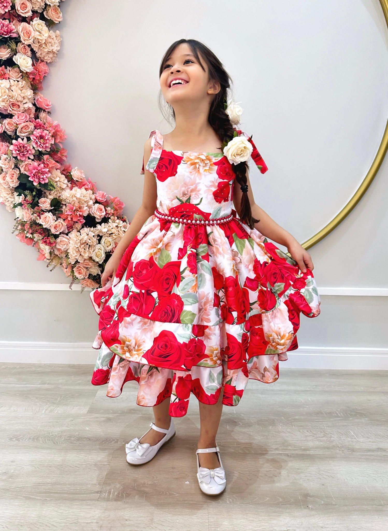 Vestido Infantil Vermelho Florido Luxo C/ Cinto de Pérolas