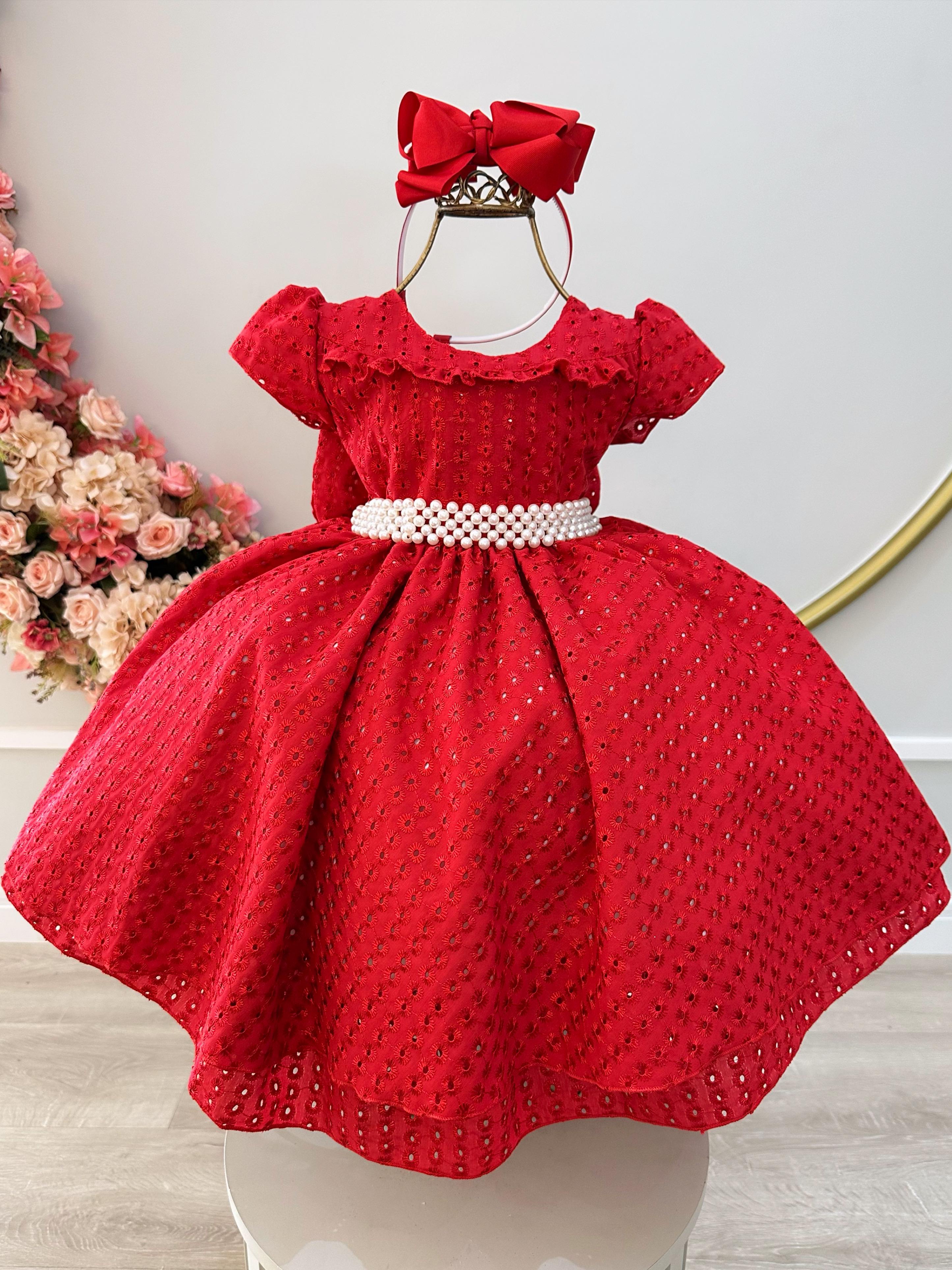 Vestido Infantil Vermelho Laise C/ Babados Daminhas Festas