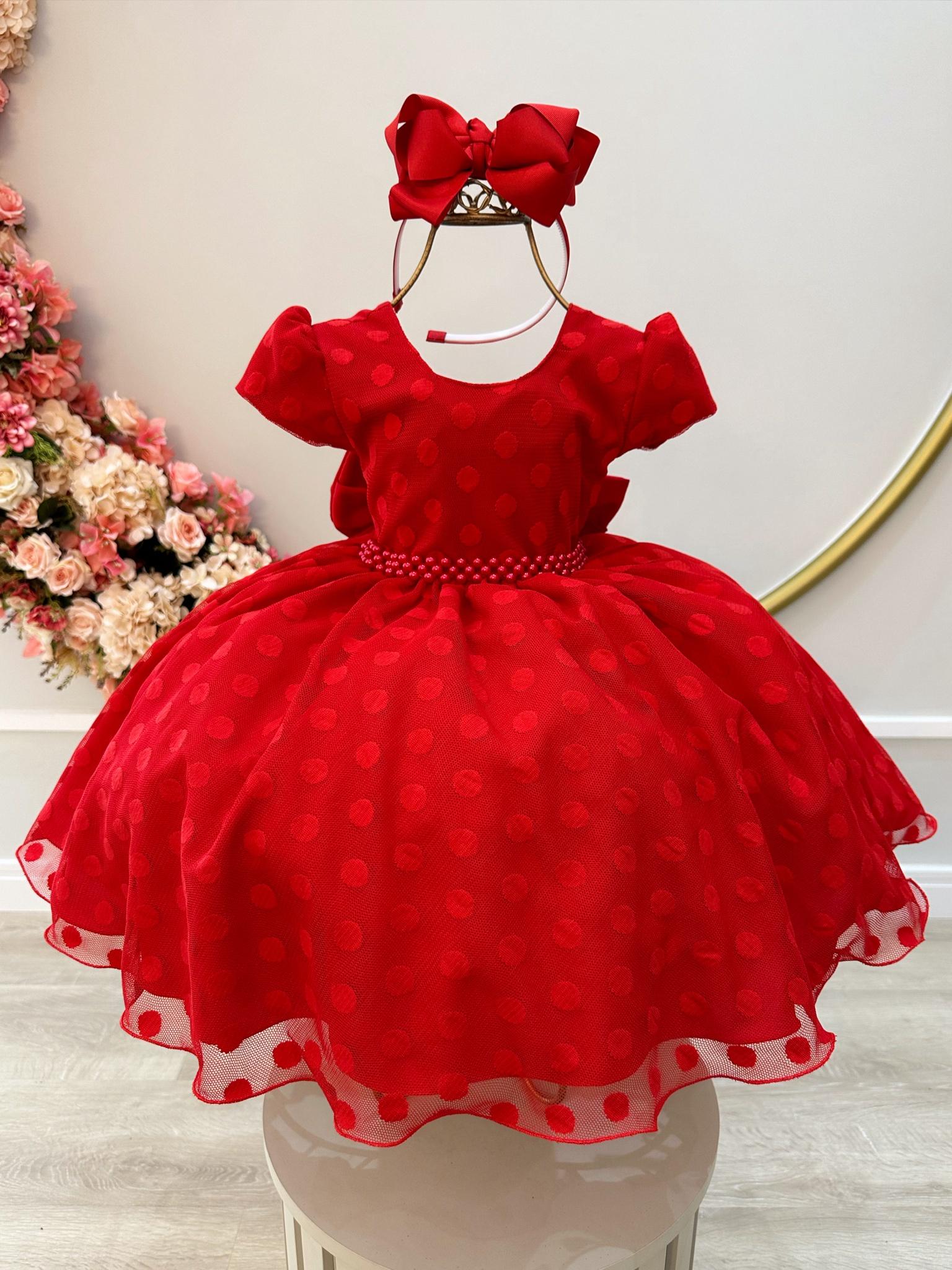 Vestido Infantil Vermelho Tule C/ Bolinhas e Cinto Pérolas