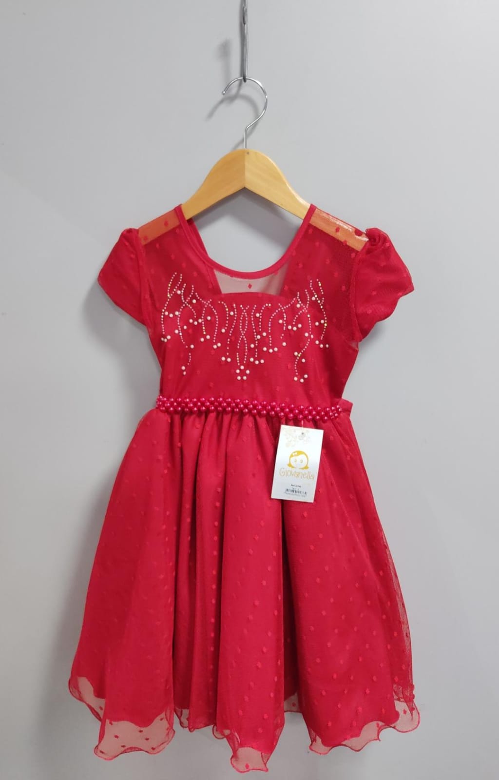 Vestido Infantil Vermelho Tule Pipoquinha Luxo C/ Pérolas