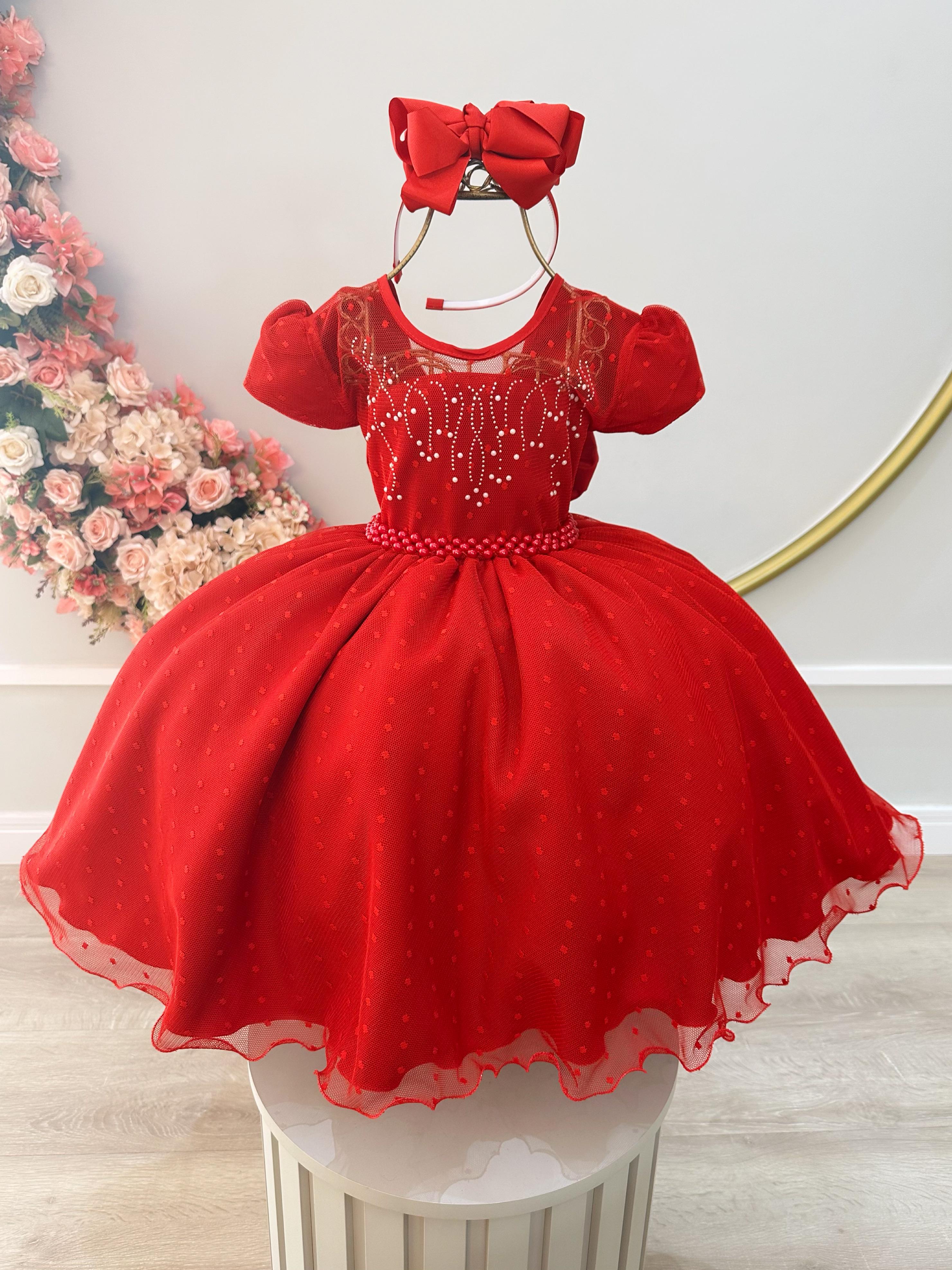 Vestido Infantil Vermelho Tule Pipoquinha Luxo C/ Pérolas