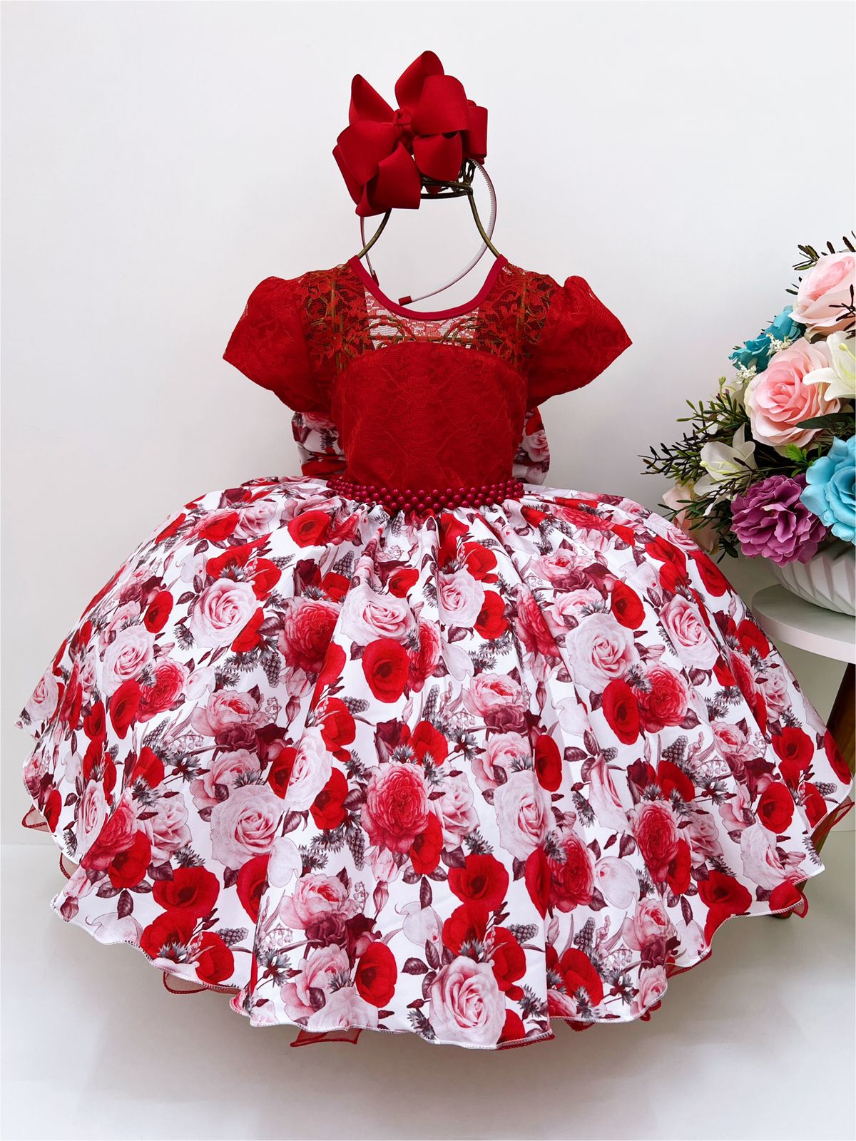 Vestido Infantil Vermelho Tule Rendado Cinto de Pérolas Luxo