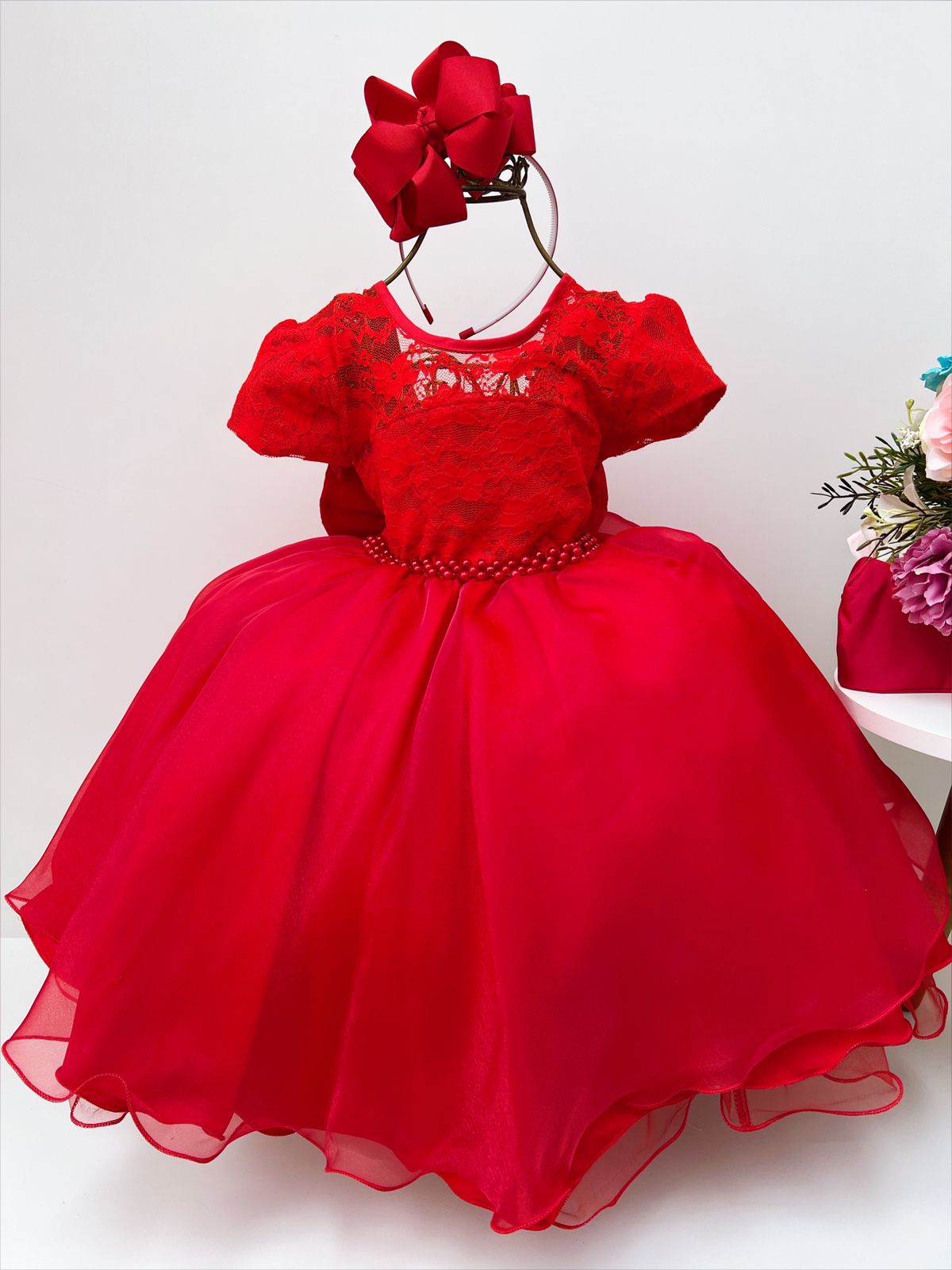 Vestido Infantil Vermelho Tule Rendado Cinto Pérolas Damas