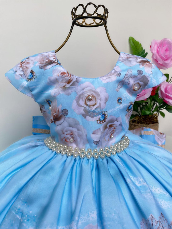 Vestido Infantil Azul Bebê Princesas Cinto Pérolas Luxo - Rosa Charmosa  Atacado