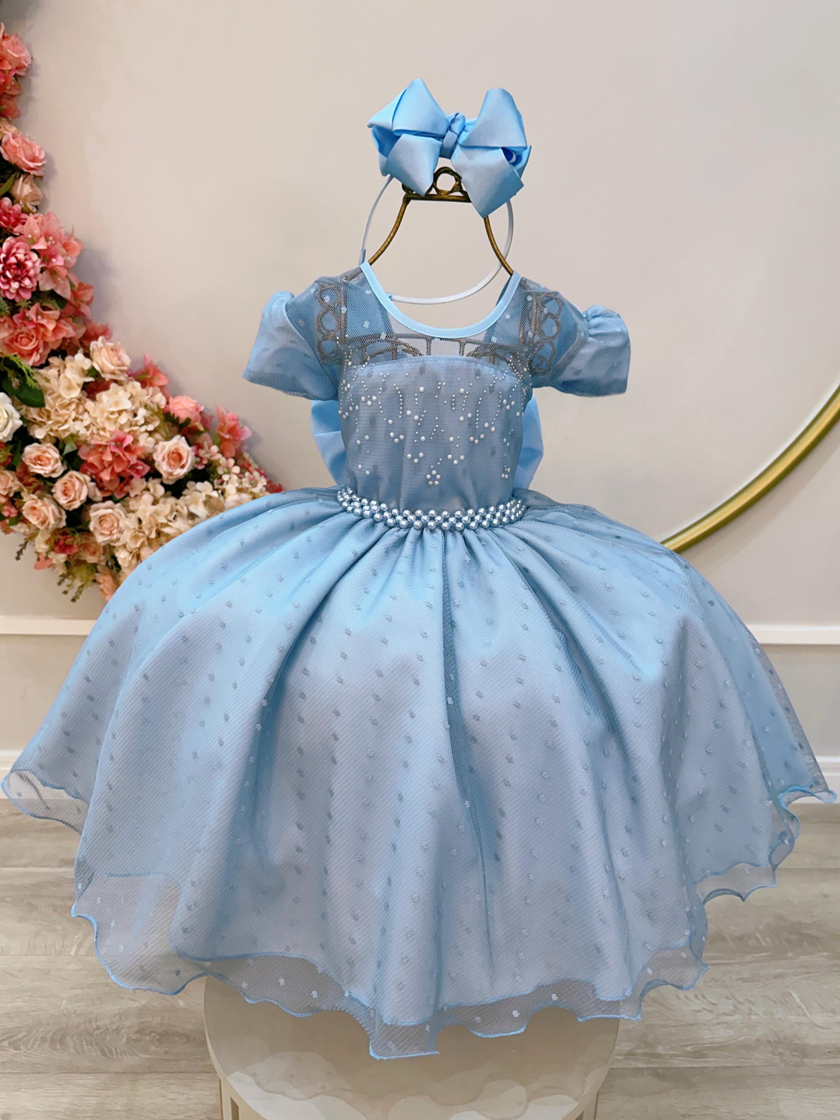 Vestido Infantil Azul Claro Tule Pipoquinha Luxo C/ Pérolas