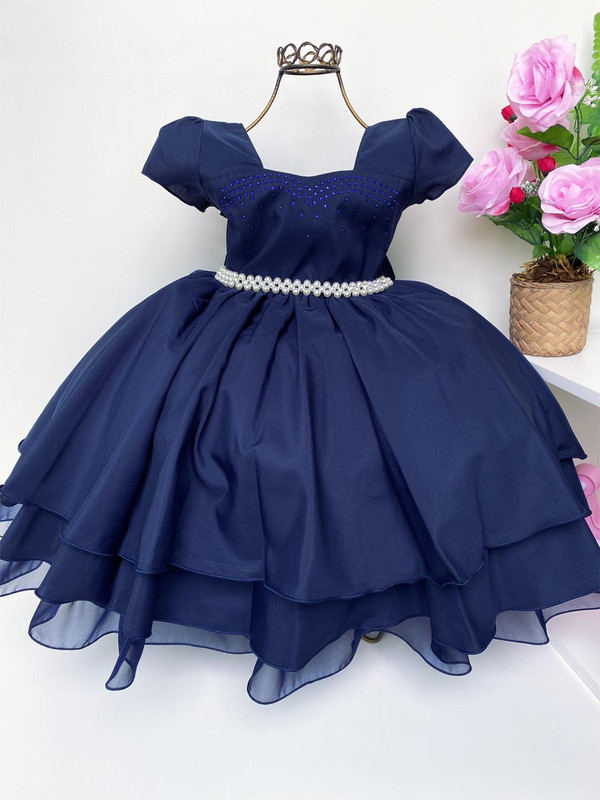 Vestido Infantil Azul Marinho Strass e Pérolas Luxo