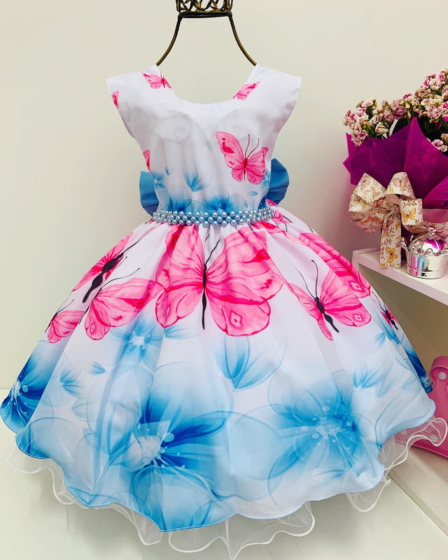 Vestido Infantil Borboletas Princesa Luxo Festa Damas Pérola