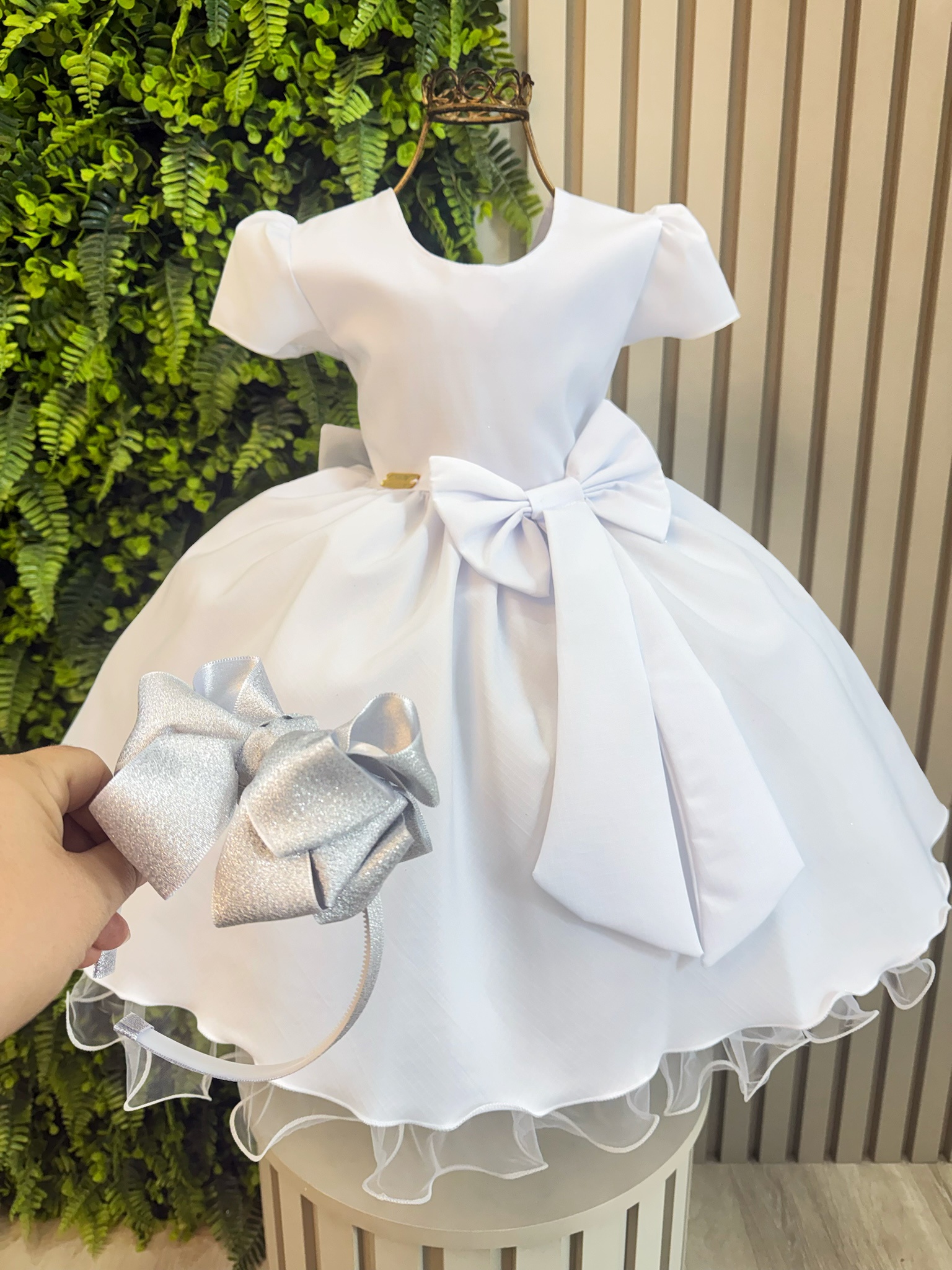 Vestido Infantil Branco + Laço ou Tiara