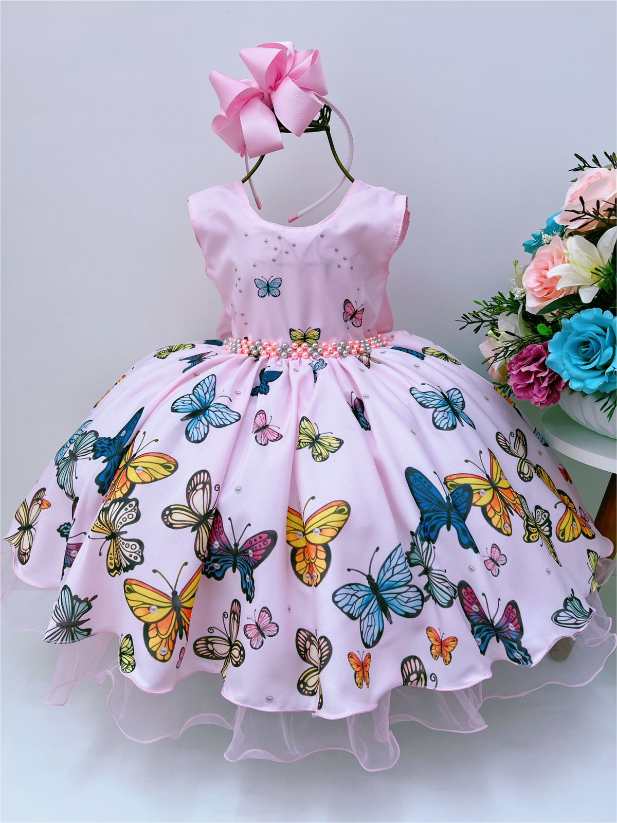 Vestido Infantil Jardim das Borboletas Rosa Luxo Festas