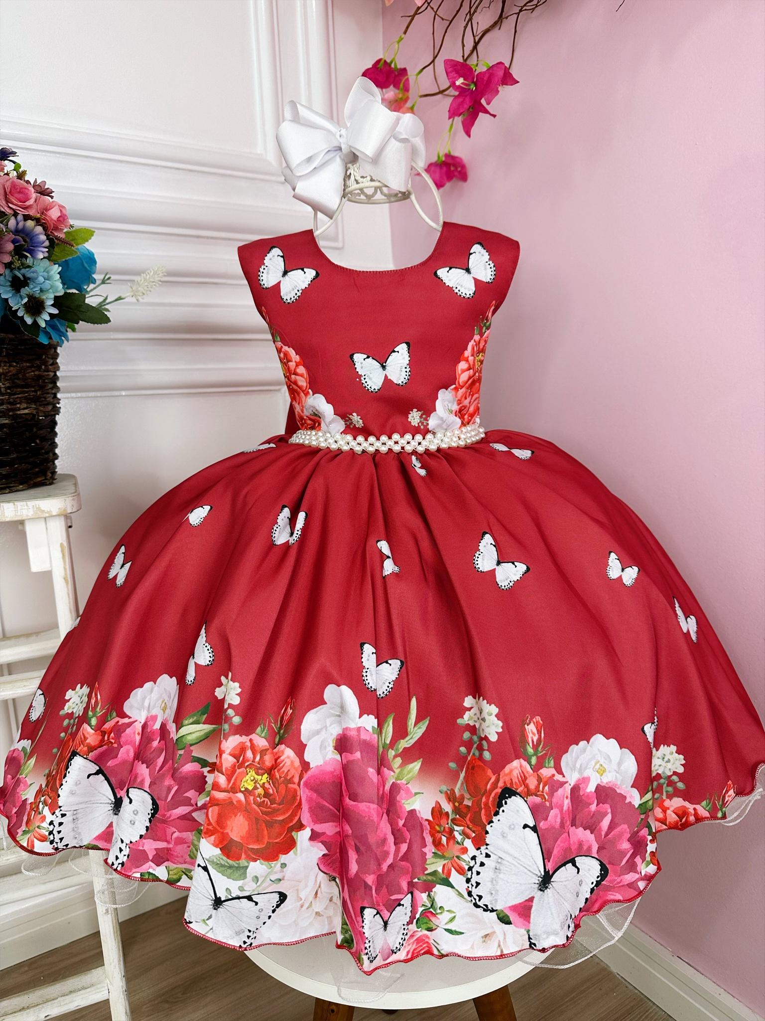 Vestido Infantil Marsala Jardim Das Borboletas Luxo Floral