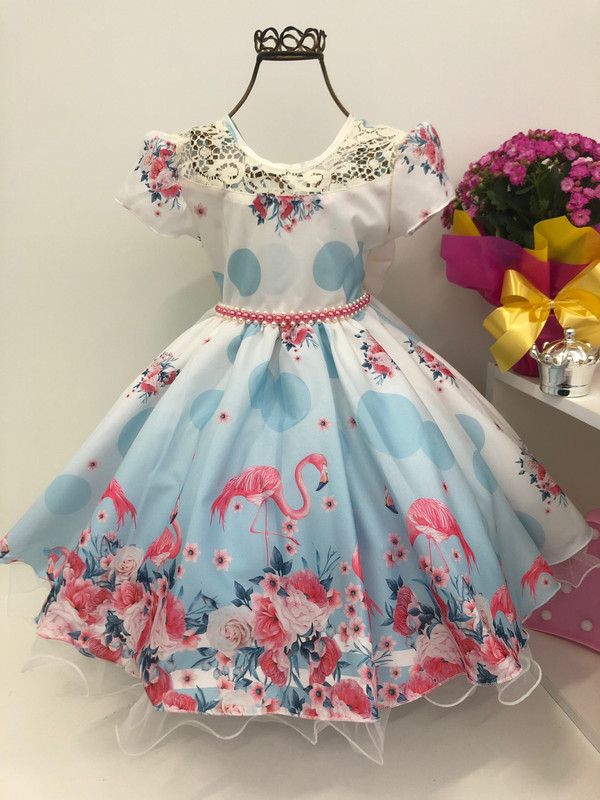 Vestido Infantil OFF e Azul Claro Flamingo Renda Festa Luxo