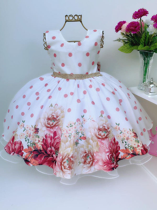 Vestido Infantil Off Floral Luxo Princesas Cinto Strass