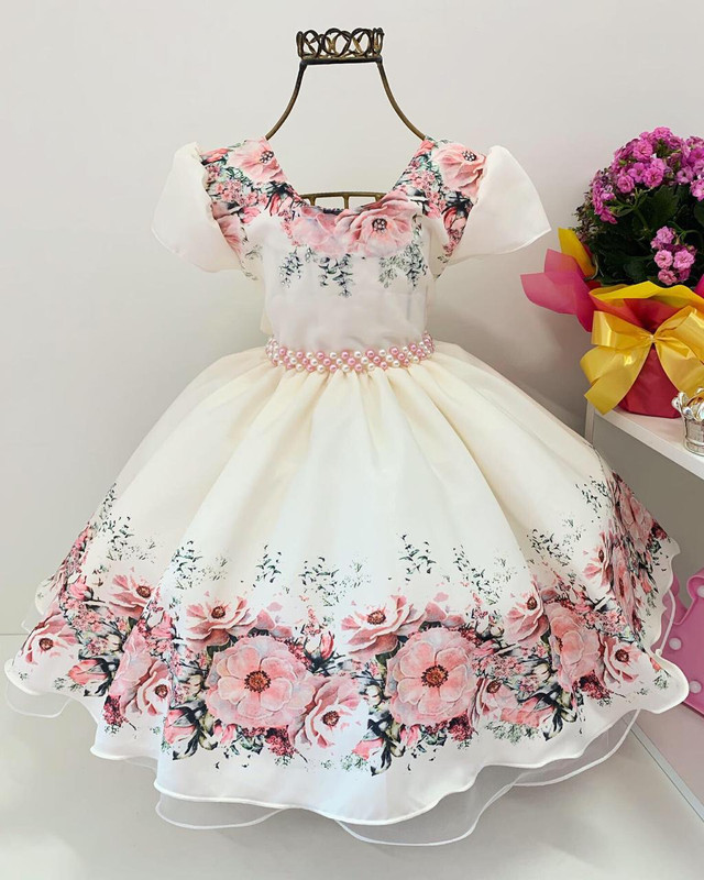 Vestido Infantil Off White Flores Damas Princesas Pérolas
