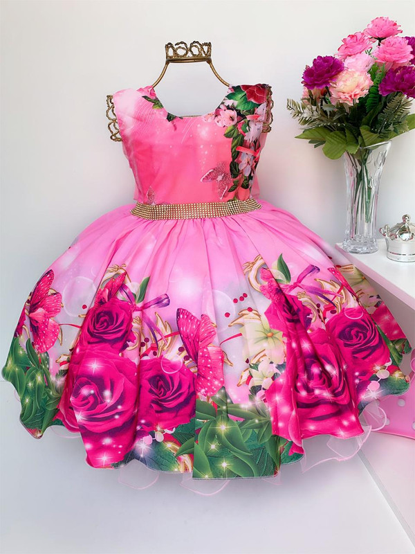 Vestido Infantil Pink Rosas Floral Luxo Princesas Strass