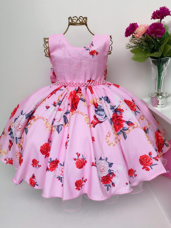 Vestido Infantil Rosa Floral Pérolas e Stras Damas Luxo