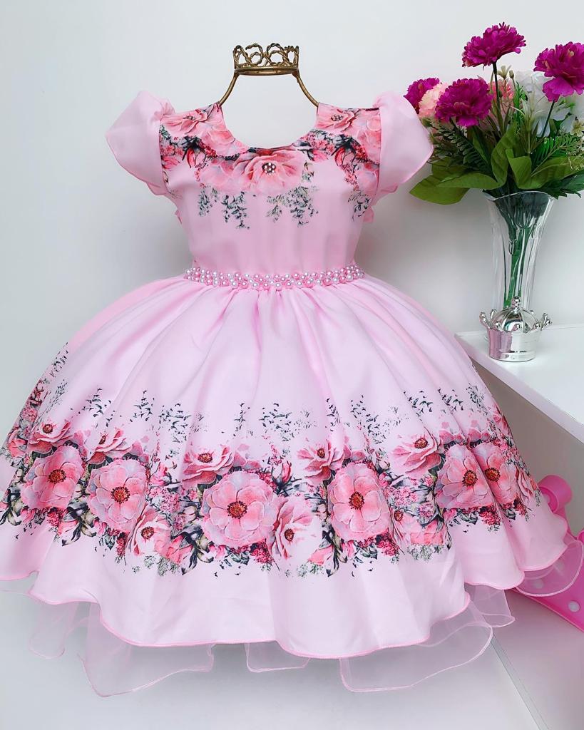 Vestido Infantil Rosa Flores Damas Princesas Pérolas Luxo