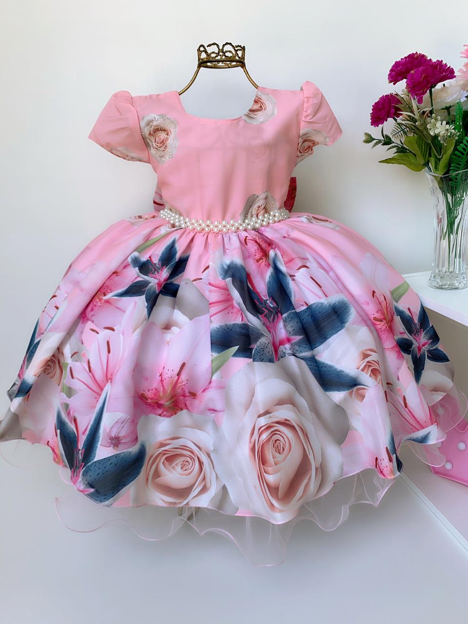 Vestido Infantil Rosa Flores Jardim Cinto Pérolas