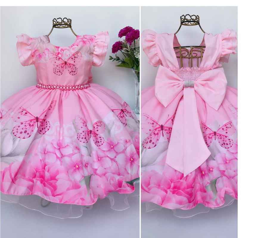 Vestido Infantil Rosa Jardim das Borboletas Cinto Pérolas
