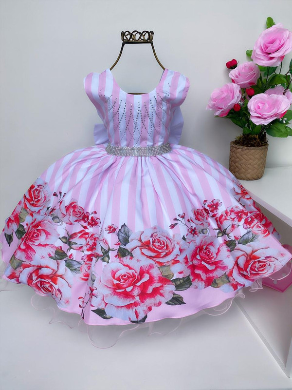 Vestido Infantil Rosas Listras Rosa e Brancas Luxo Festas
