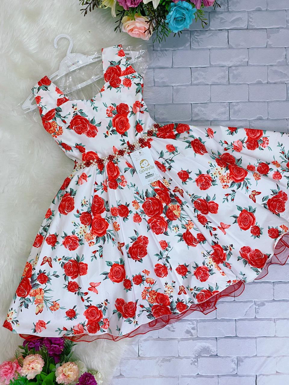 Vestido Infantil Vermelho e Branco Floral Luxo