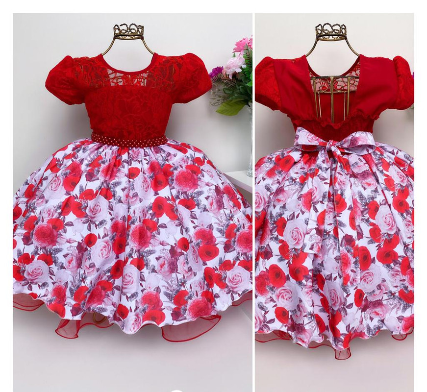 Vestido Infantil Vermelho Peito Renda Saia Floral Luxo Festas