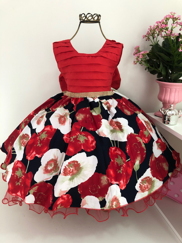 Vestido Infantil Vermelho Saia Floral Luxo Festa Dama Strass