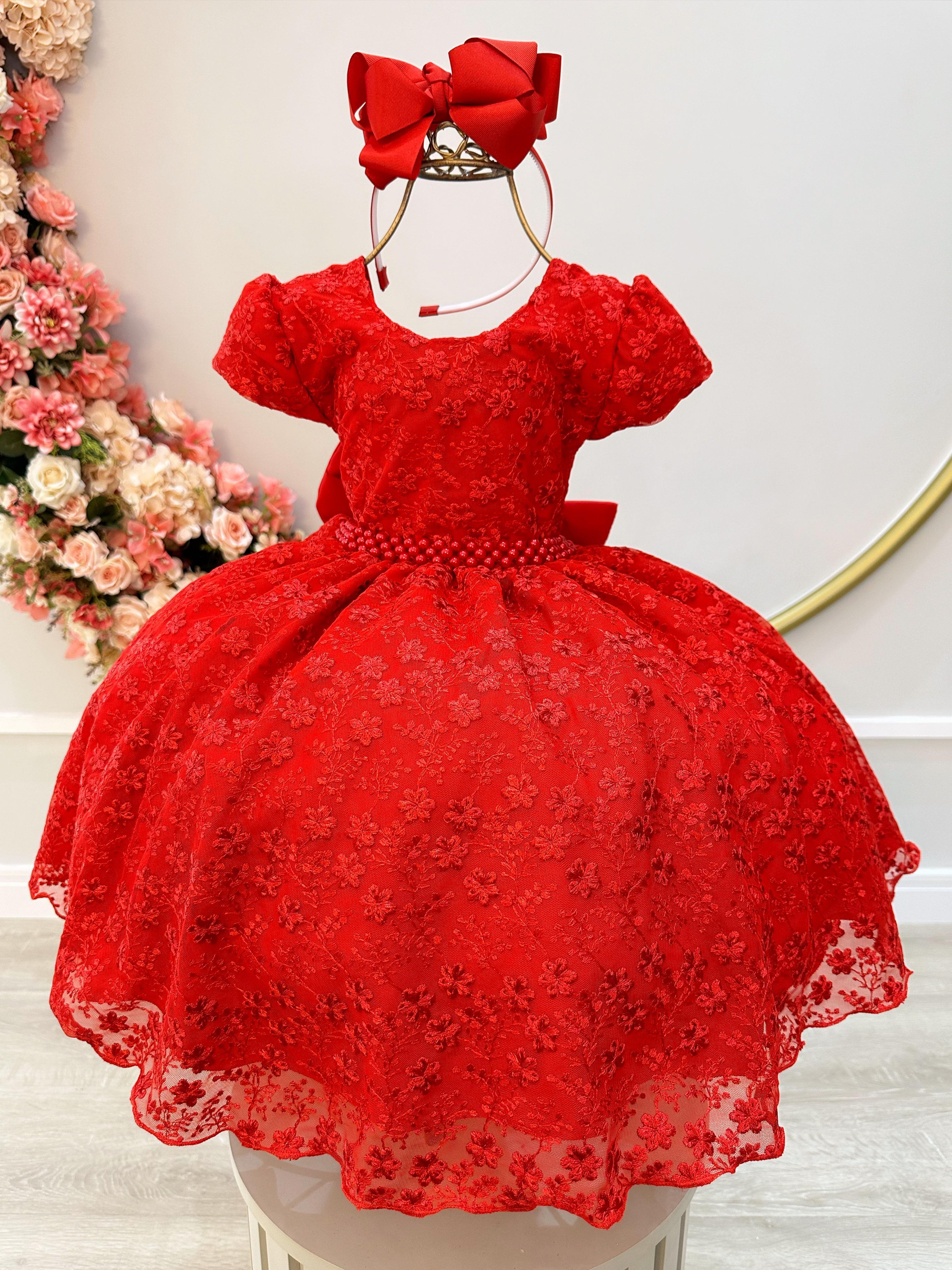 Vestido Infantil Vermelho Tule C/ Renda Florido Cinto de Pérolas