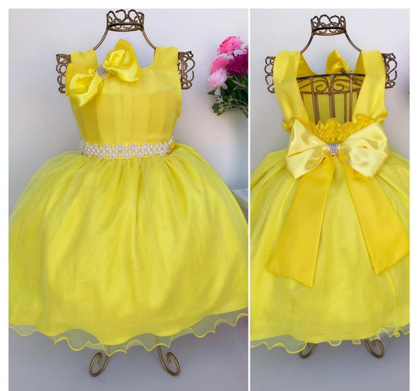 Vestido Infantil Amarelo Luxo Princesa Laço Cinto Pérolas