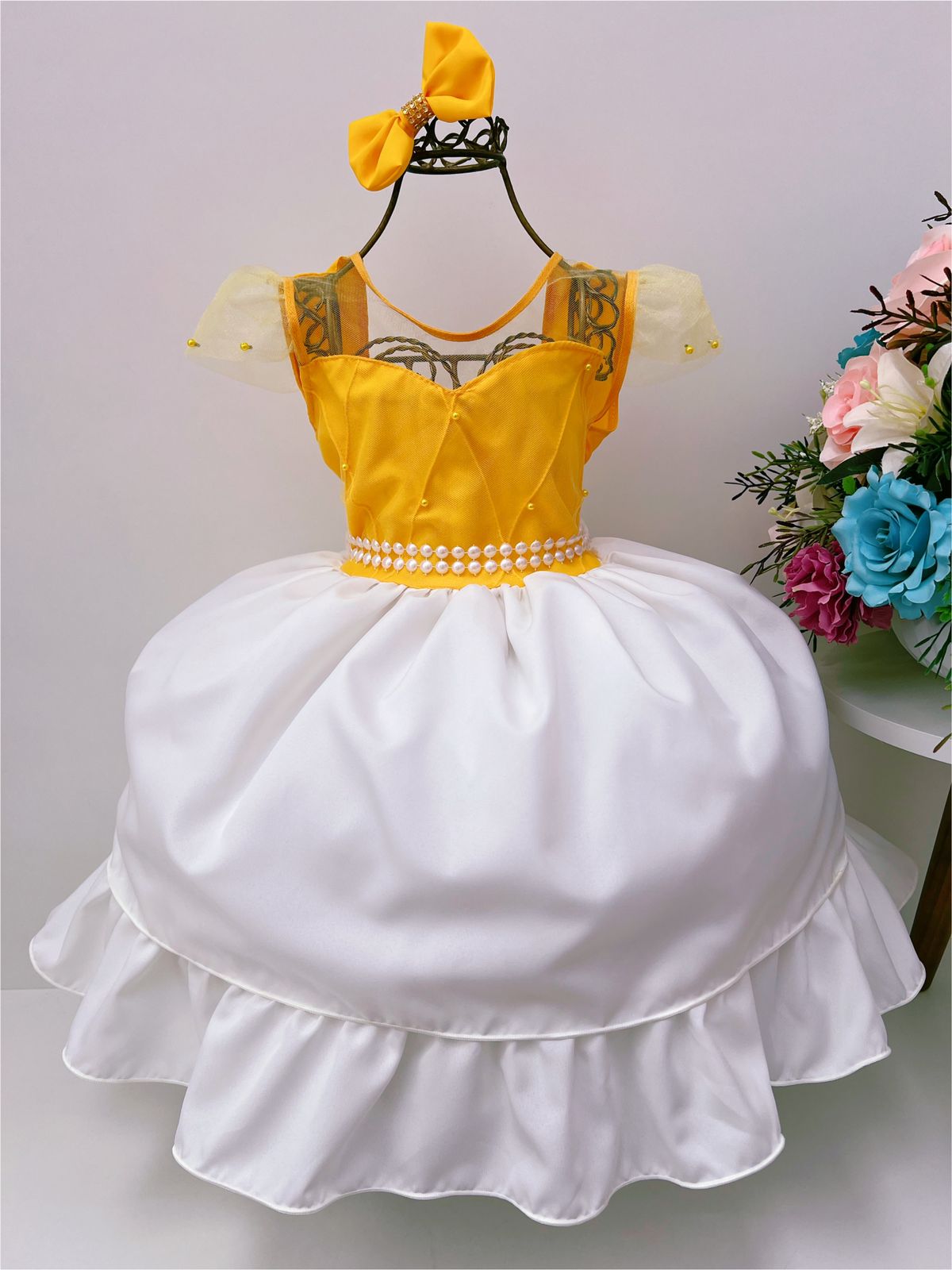 Vestido Infantil Amarelo Peito Nervura Saia Off Perolas