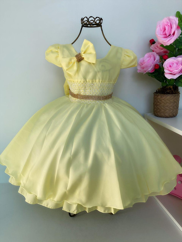 Vestido Infantil Amarelo Princesas Laço Cabelo Cinto Strass