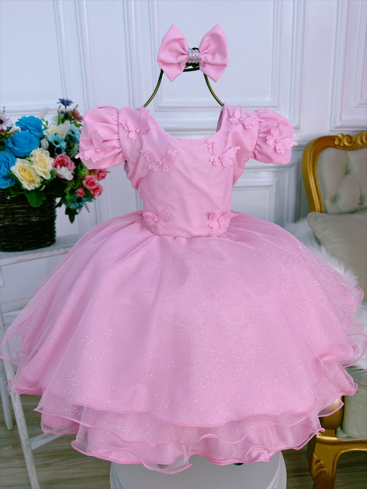 Vestido Infantil Aurora Rosa C/ Borboletas Laço e Glitter