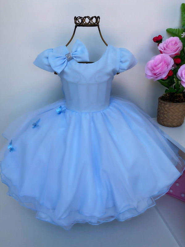 Vestido Infantil Azul Aplique Borboletas com Laço Cabelo