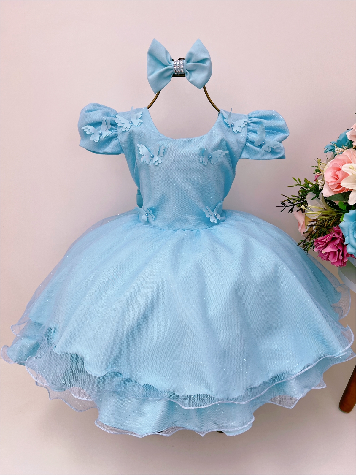 Vestido Infantil Azul Bebê Aplique Borboleta Glitter Pérola