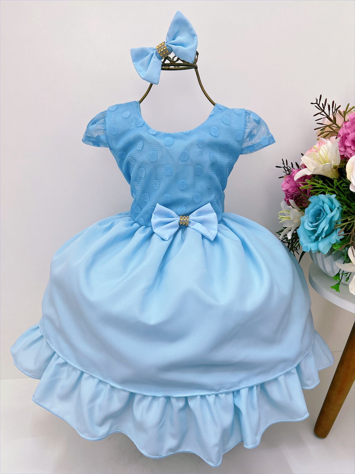 Vestido Infantil Azul Bebê Peito Bolinhas Laço Strass Fofura - Rosa ...