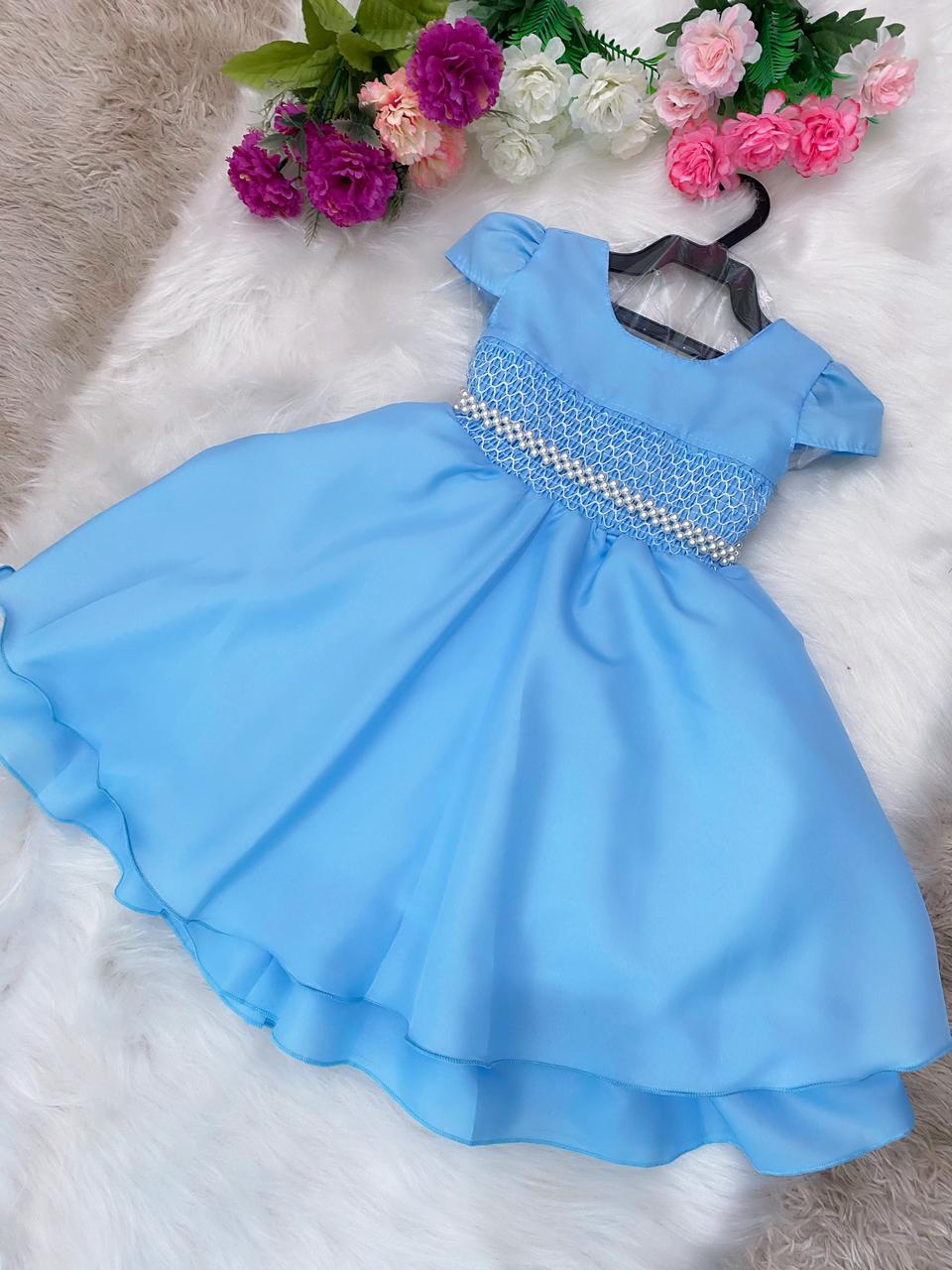 Vestido Infantil Azul Bebê Princesas Cinto Pérolas Luxo