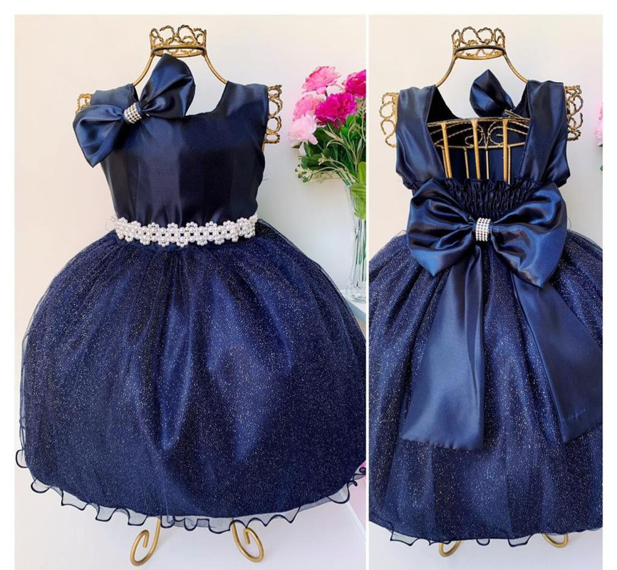 Vestido Infantil Azul Escuro Luxo Princesa Laço Cinto Pérola